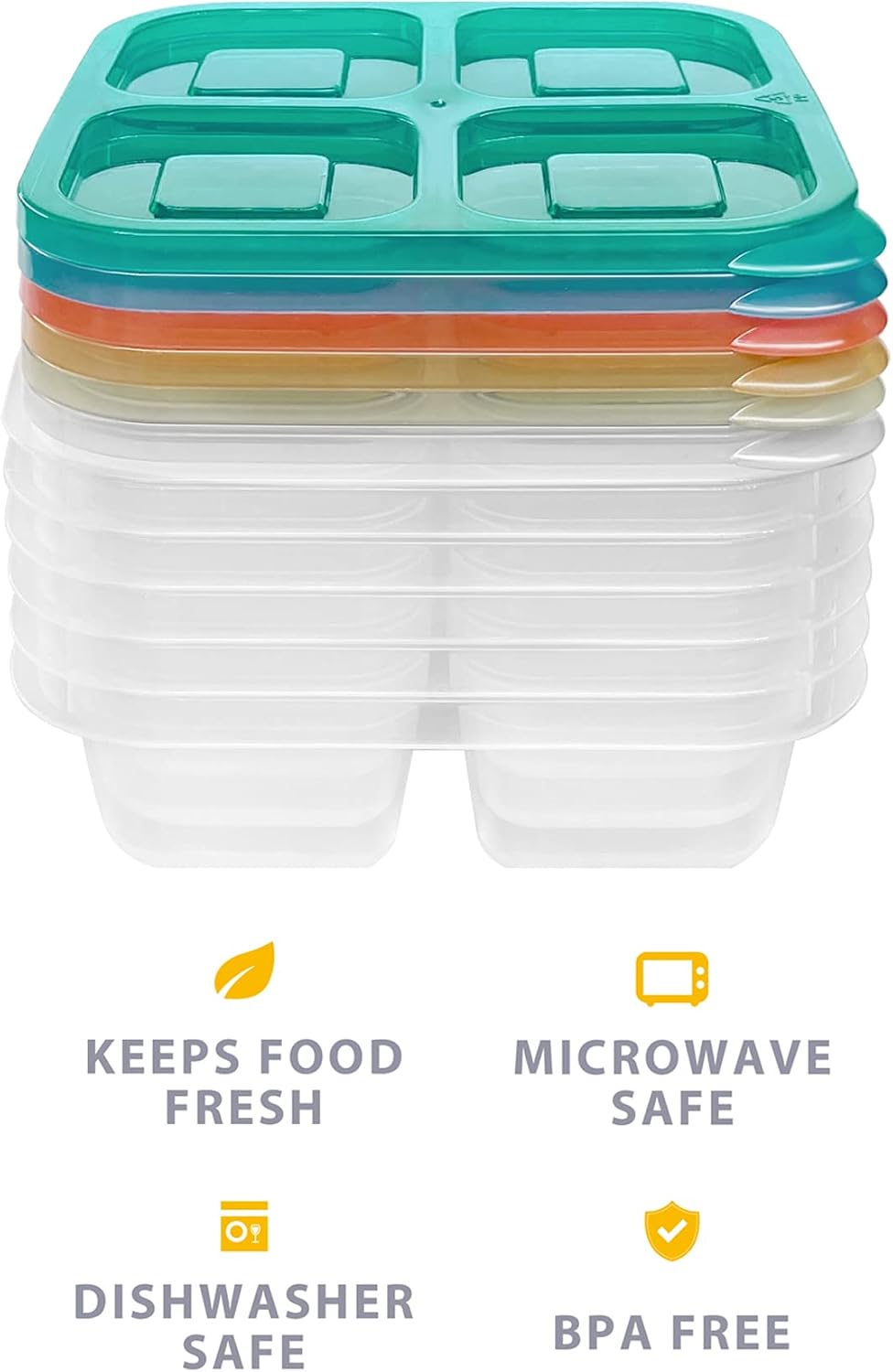 Finorder 6 Pack 4-Compartment Snack Containers, Reusable Food Containers for Kids School, Adults Office, Picnic Trip, Lunch Bento Box Meal Prep Containers (Bright Color Set)