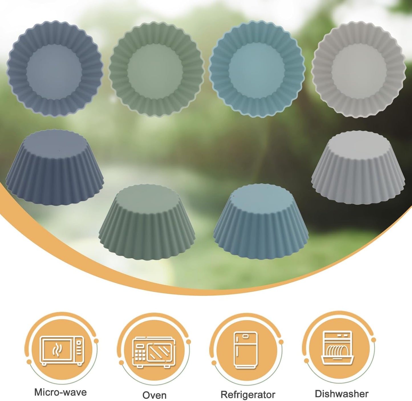 Silicone Baking Muffin Cups 12 Pack, Reusable Cupcake Liners Cake Molds, BPA Free, Dishwasher Safe(White, Green, Navy, Dusty Blue)
