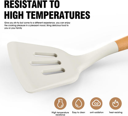 Silicone Cooking Utensils Set - AVGPD Silicone Kitchen Utensils for Cooking Wooden Handles, 446°F Heat Resistant Kitchen Utensil Spatula Sets, Gadgets for Non-Stick Cookware BPA FREE (Black)