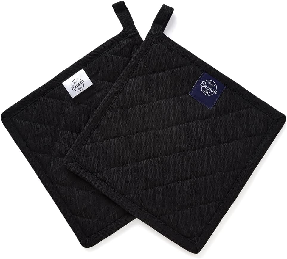 Encasa XO Pot Holders, Quilted Kitchen Hot Pads 8"x8" Black