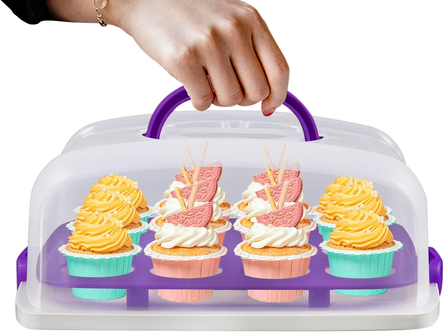 2in1 Cupcake Carrier and Cake Keeper with Lid, Rectangle Pie Carrier,Large Portable Storage Container for Storing 12 Cupcakes or 1 Large Cake (Blue)