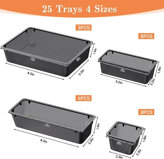 SpaceHacks 25 PCS Plastic Drawer Organizer Set, 4-Size Versatile Organizer Tool Trays & storage Bins for Makeup, Jewelry, and Gadgets in Bathroom, Bedroom and Office,Clear Black