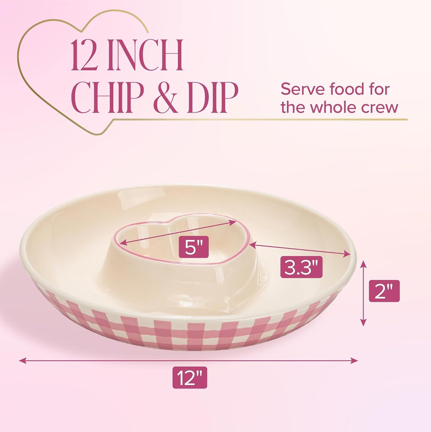 Paris Hilton Chip and Dip Serving Tray, Finely Crafted Stoneware with Heart-Shaped Dipper, Embossed Hearts, Microwave and Dishwasher Safe Stoneware, 12-Inch, Pink