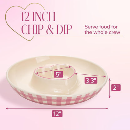 Paris Hilton Chip and Dip Serving Tray, Finely Crafted Stoneware with Heart-Shaped Dipper, Embossed Hearts, Microwave and Dishwasher Safe Stoneware, 12-Inch, Pink