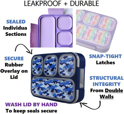 Bento Lunch Box for Kids or Adults, Snack Containers for Boys, Girls, School Daycare Work, 3 Divided Compartments Meal Planning Portion Control, BPA-Free Boxes, Utensils | Blue Purple 2 pack