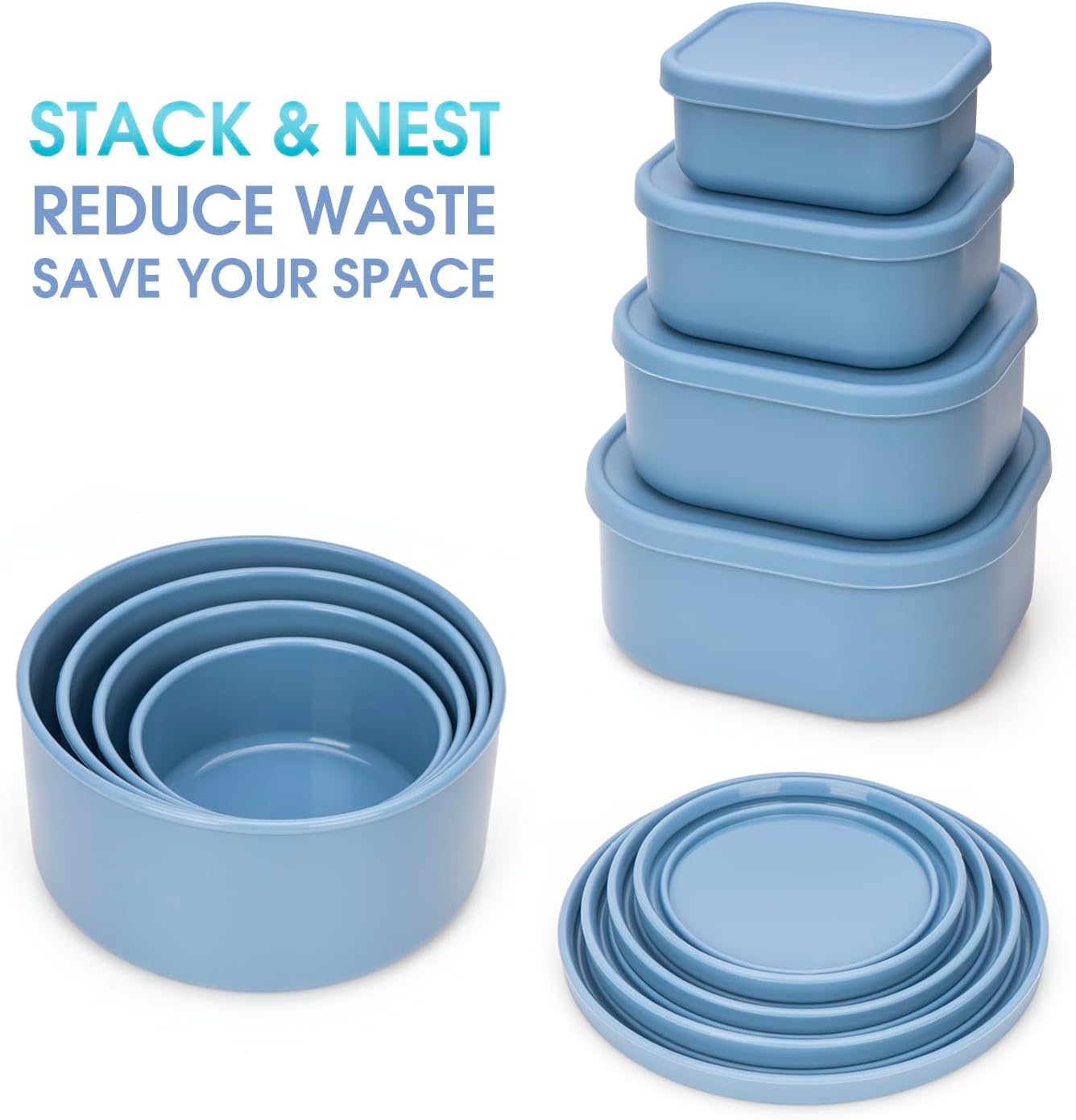 100% Silicone Food Storage Containers with Lids, 8 Pack, 10oz to 51oz, Reusable Leakproof Nesting & Stackable Silicone Bento Lunch Box, Microwave Freezer Dishwasher Oven Safe, BPA Free, Slate Green