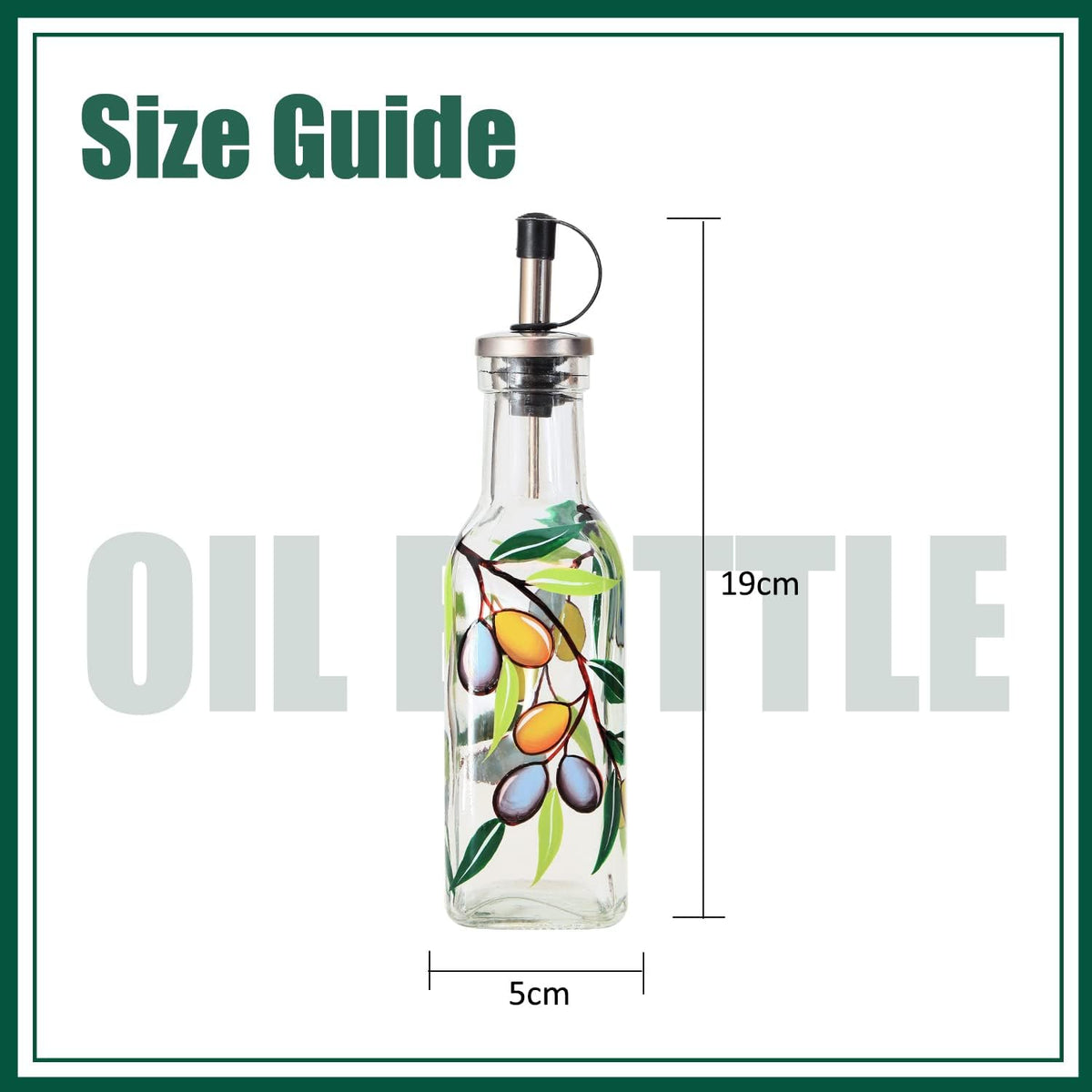 7oz Hand Painted Glass Olive Oil Bottle Dispenser - 200ml Green Oil & Vinegar Cruet with Pourers - Olive Oil Carafe Decanter for Kitchen
