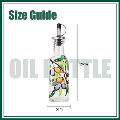 7oz Hand Painted Glass Olive Oil Bottle Dispenser - 200ml Green Oil & Vinegar Cruet with Pourers - Olive Oil Carafe Decanter for Kitchen