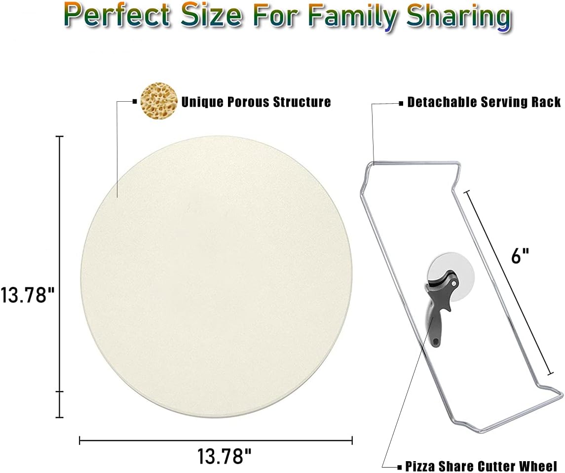 13 Inch Round Pizza Stones for Grill and Oven, Cordierite Baking Stones Set with Serving Rack & Cutter, Durable and Safe Cooking Stone Pan for Bread, Natural Pizza Stone for Family