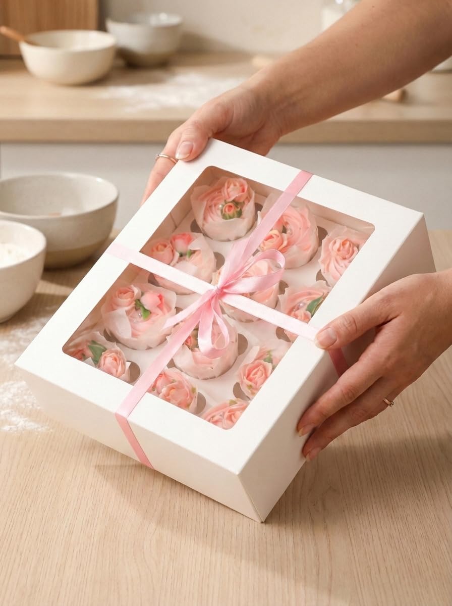 Bakepacker Auto-pop up 12 Cupcake Containers 6-Packs Brown Cupcakes Carrier, 12 Cupcake Boxes with Window 13"x10"x3.5"