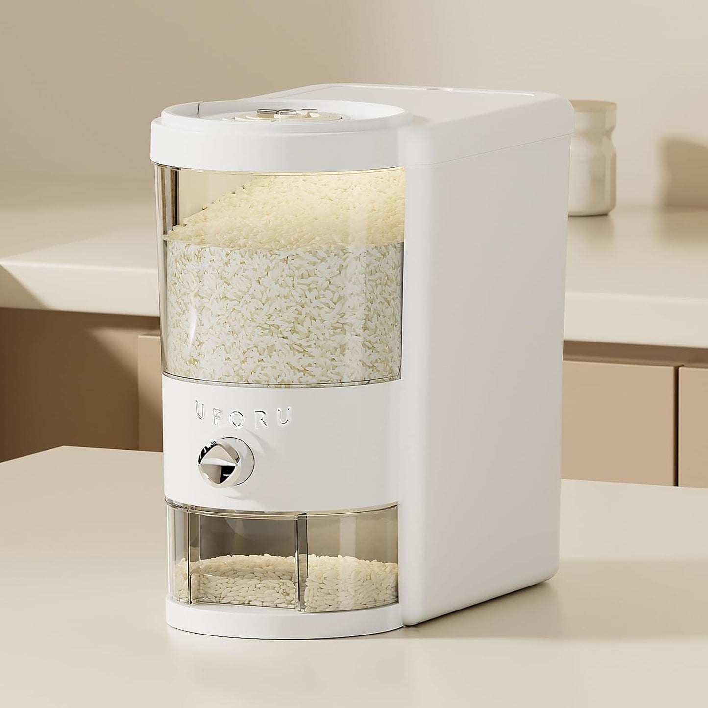 UFORU Rice Dispenser, Rice Storage Container with Measuring Cup for Kitchen Pantry Household, Dry Food Storage Containers Airtight, Sealed Moisture Proof (White 11Lbs)