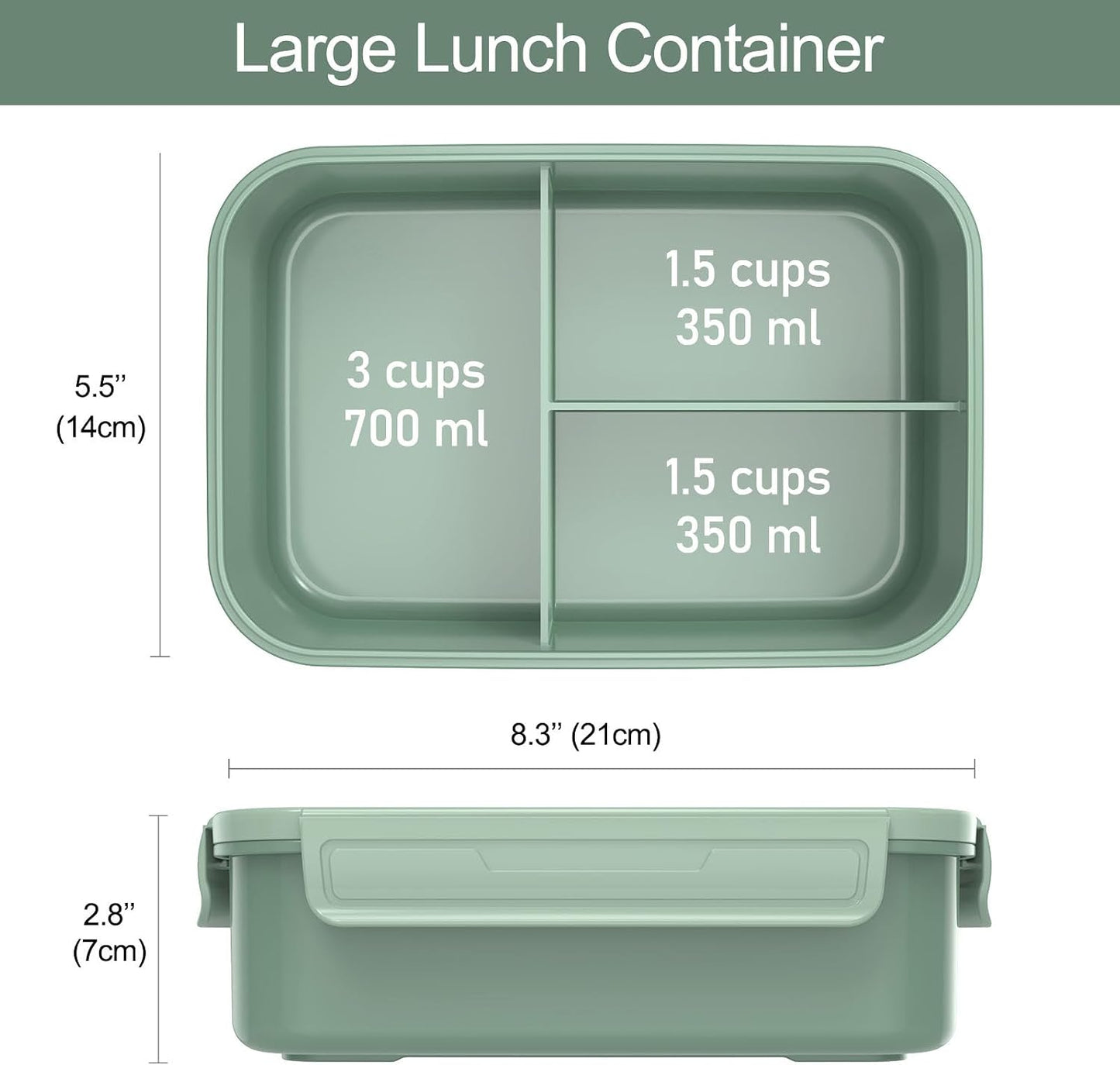 Caperci Classic Bento Box Adult Lunch Box for Older Kids - Leakpoof 47 oz 3-Compartment Lunch Containers for Adults and Teens, Built-in Utensil Set, Ideal for On-the-Go Balanced Eating,Khaki Green