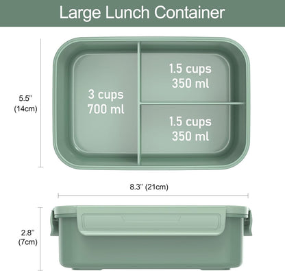 Caperci Classic Bento Box Adult Lunch Box for Older Kids - Leakpoof 47 oz 3-Compartment Lunch Containers for Adults and Teens, Built-in Utensil Set, Ideal for On-the-Go Balanced Eating,Khaki Green