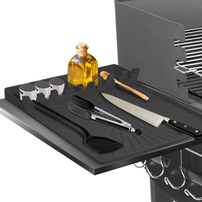 Large Silicone Grill Mat with Drip Pad, Heat Resistant Spatula Holder for Blackstone Side Shelf & Outdoor Kitchen Countertop, Reusable Griddle Accessories for BBQ Enthusiasts and Home Cooks