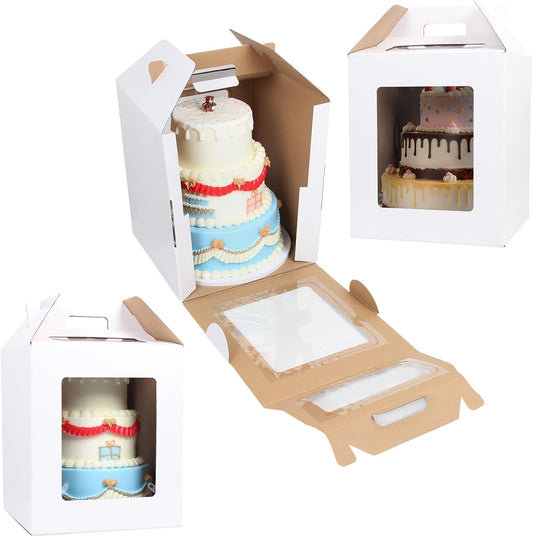 3 Pack 12-In Cake Boxes, Large 12-In Box with Lid & Handle Cake Carrier — Tall Transport Container for Tier Stacking, Reinforced Disposable Bakery Boxes