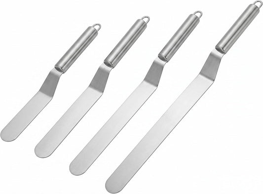 4-Piece Offset Spatula Set for Cake Decorating – Food-Grade Stainless Steel Angled Icing Spatulas with Ergonomic Handles – Frosting Tools for Cakes & Cupcakes (10", 12", 14", 16")