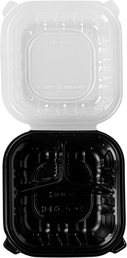 Thermo Tek 40 Ounce Clamshell Containers, 50 Disposable Take Out Boxes - 3 Compartments, Ventilated Lids, Black Plastic Meal Prep Containers, Microwavable, For Pasta Or Salads - Restaurantware