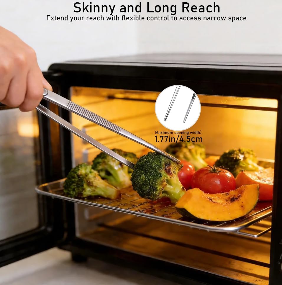 2 Pcs 12" Kitchen Cooking Tweezer Set, Stainless Steel Food-Grade Metal Food Tong, Flexible Pinching, Seamless-Welding, Sturdy and Non-Slip for Serving, Grilling, Frying (Round & Pointed Tip)