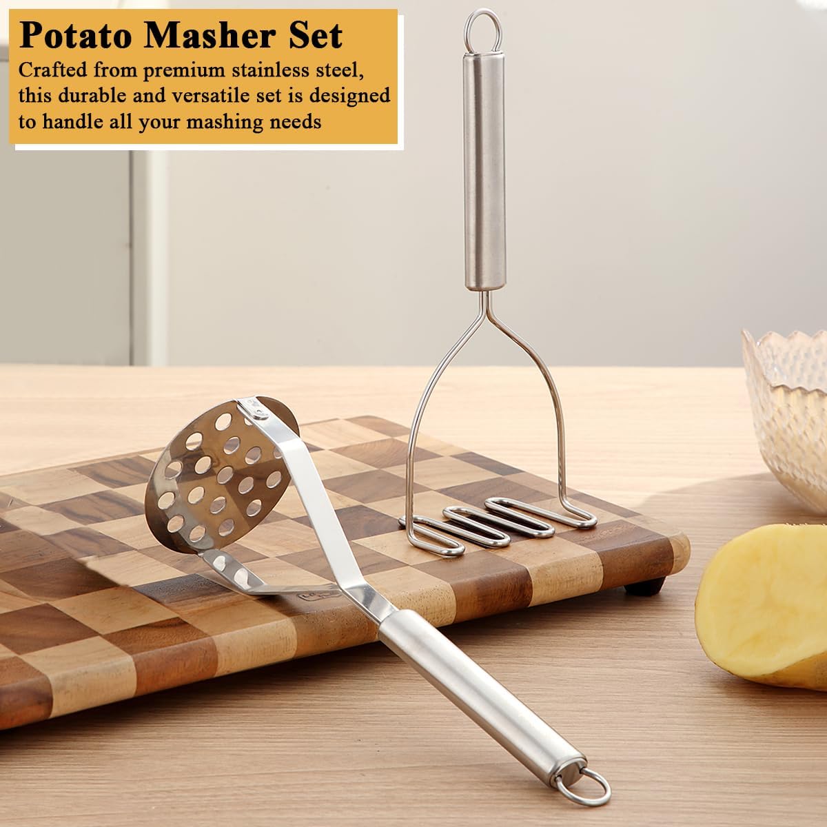 Potato Masher 2 Pcs, Kyraton Stainless Steel Heavy Duty Mash Potatoes Masher Kitchen Tool Utensils for Avocado Potatoes Beans Meat Vegetables, Kitchen Gadgets