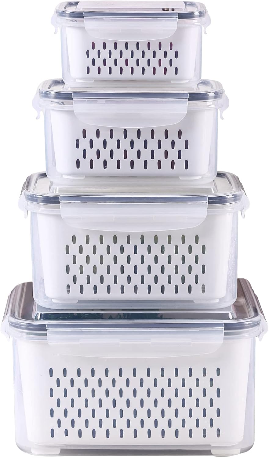 3Pack Fridge Food Storage Container Set with Lids with Strainer,Plastic Fresh Produce Saver Vegetable Fruit Meat Storage Organization, BPA-Free Plastic Produce Keepers(3.15L+1.7L+0.8L)