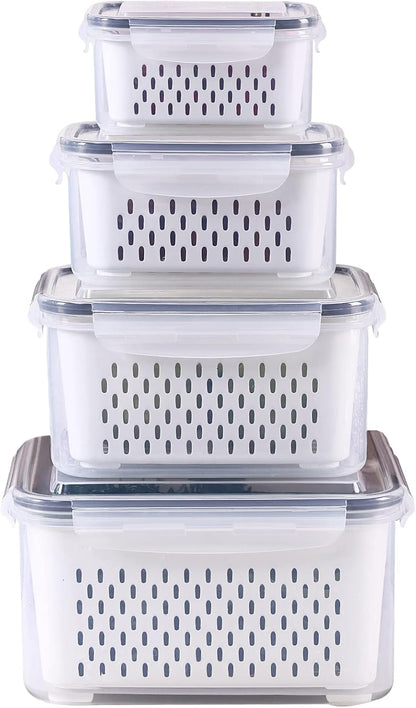 3Pack Fridge Food Storage Container Set with Lids with Strainer,Plastic Fresh Produce Saver Vegetable Fruit Meat Storage Organization, BPA-Free Plastic Produce Keepers(3.15L+1.7L+0.8L)