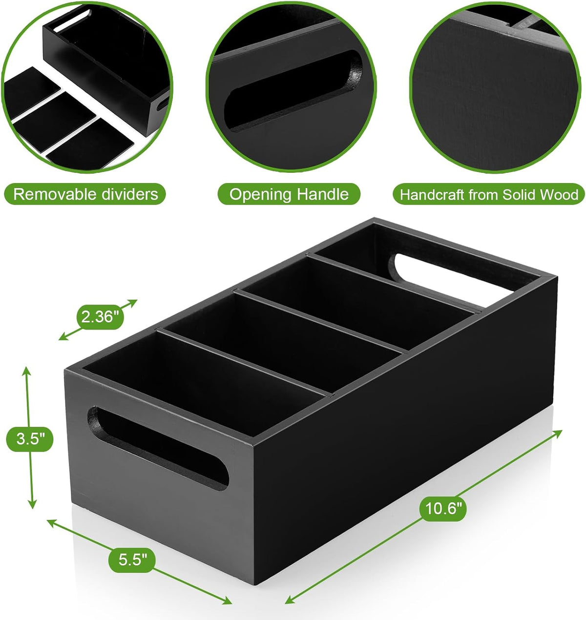 DRASTAR Pantry Organization and Storage Bins, Large Snack Organizer with Removable Dividers, Wooden Storage Caddy for Kitchen, Pantry, Cabinet, Countertop, Black