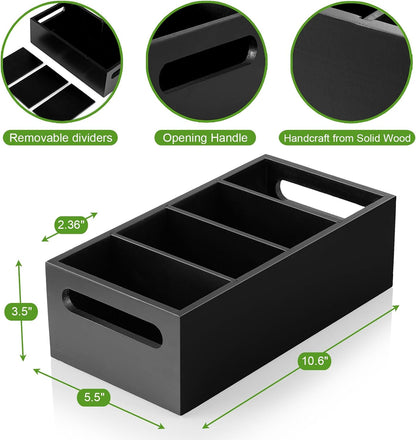DRASTAR Pantry Organization and Storage Bins, Large Snack Organizer with Removable Dividers, Wooden Storage Caddy for Kitchen, Pantry, Cabinet, Countertop, Black