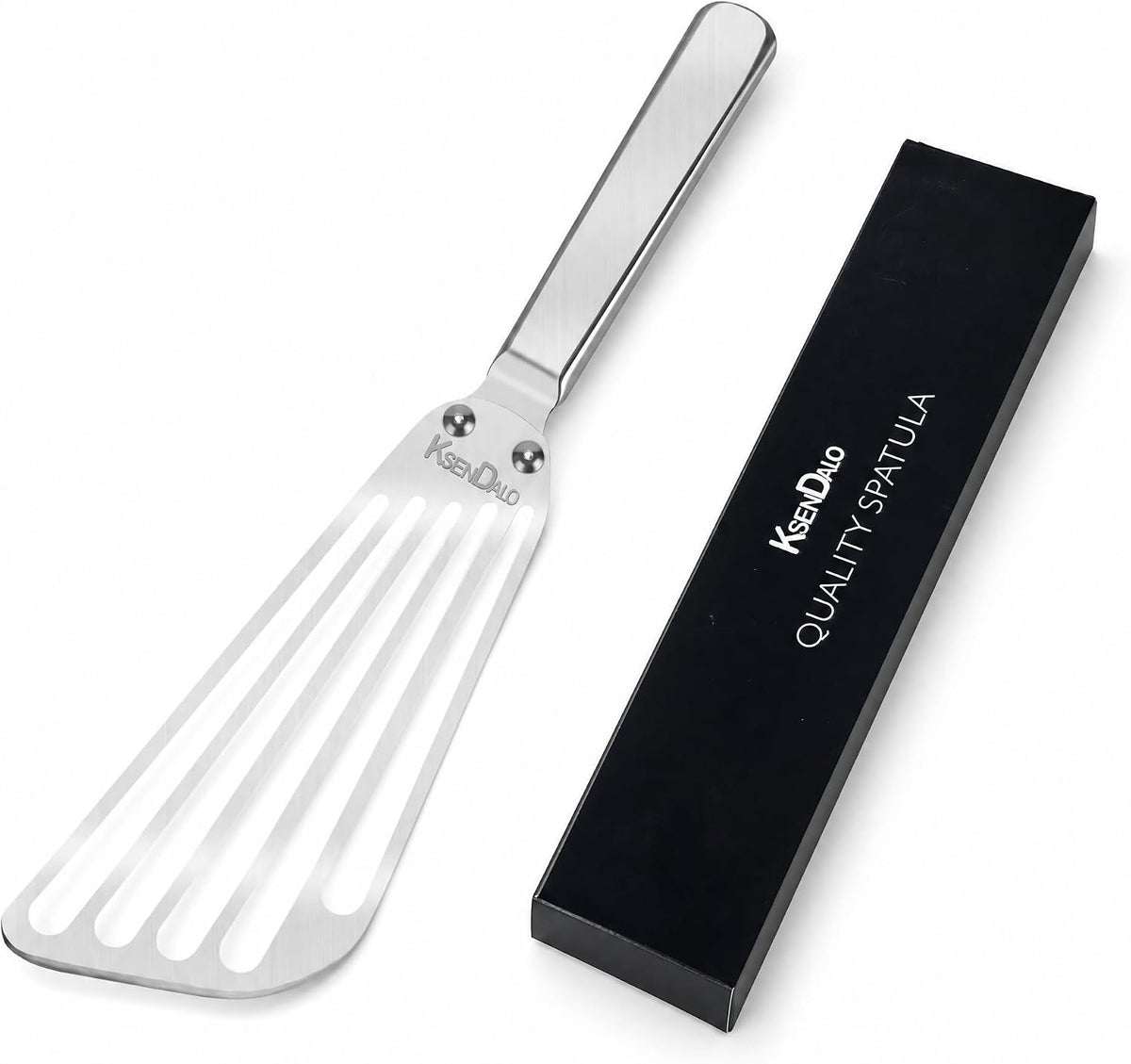 KSENDALO 2 Pack Flexible Fish Spatula Stainless Steel for Kitchen | Thin Edged Egg Spatula, Slotted Angled Blade Metal Turner, BBQ Flipper, Riveted for More Sturdy, Silver
