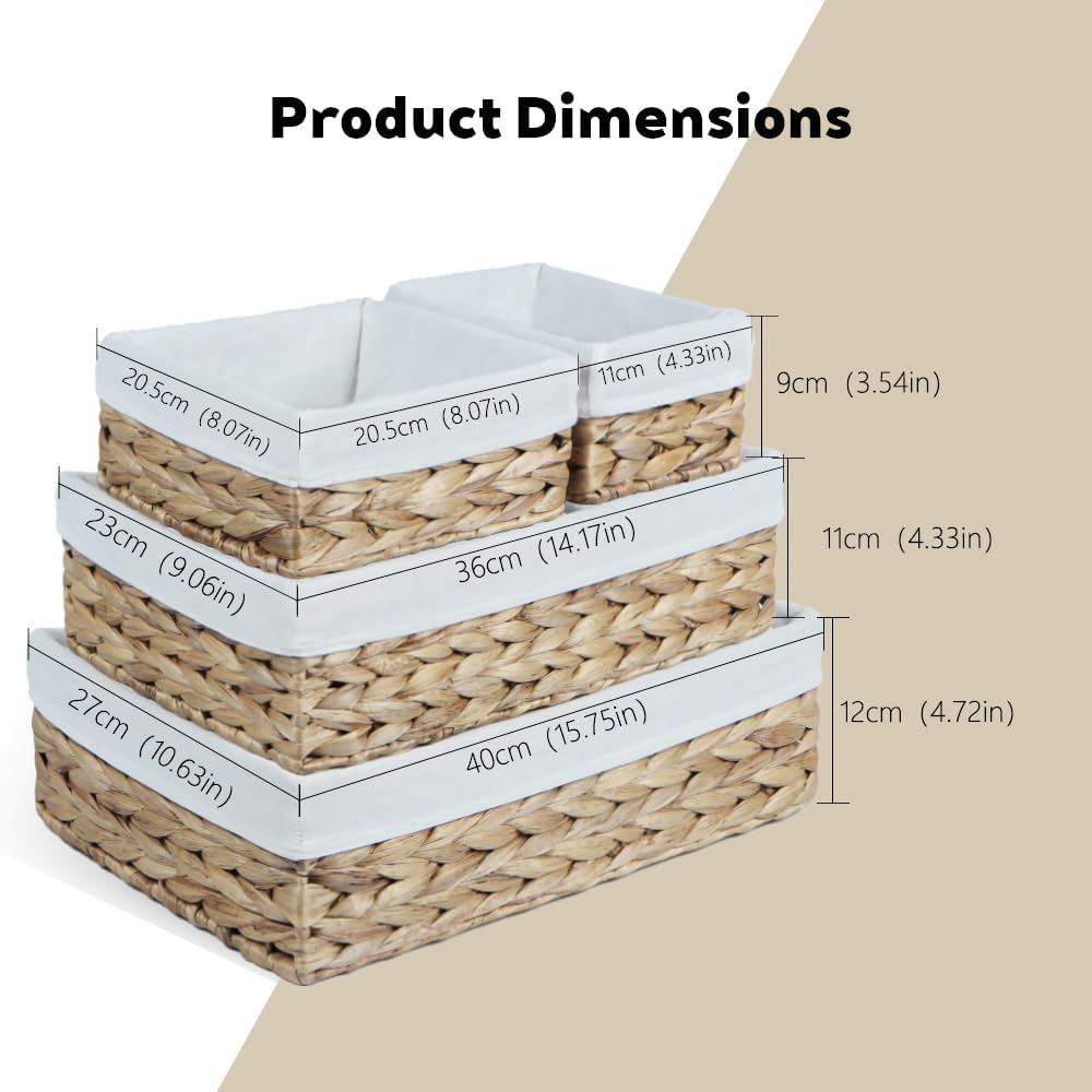Water Hyacinth Shelf Baskets 4-Pack, Handwoven Wicker Bins with Removable Linen Liners – Divided Upper Compartment & Open Handles, Stackable for Pantry Bathroom Closet