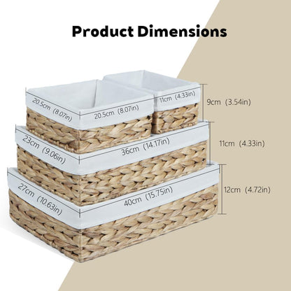 Water Hyacinth Shelf Baskets 4-Pack, Handwoven Wicker Bins with Removable Linen Liners – Divided Upper Compartment & Open Handles, Stackable for Pantry Bathroom Closet