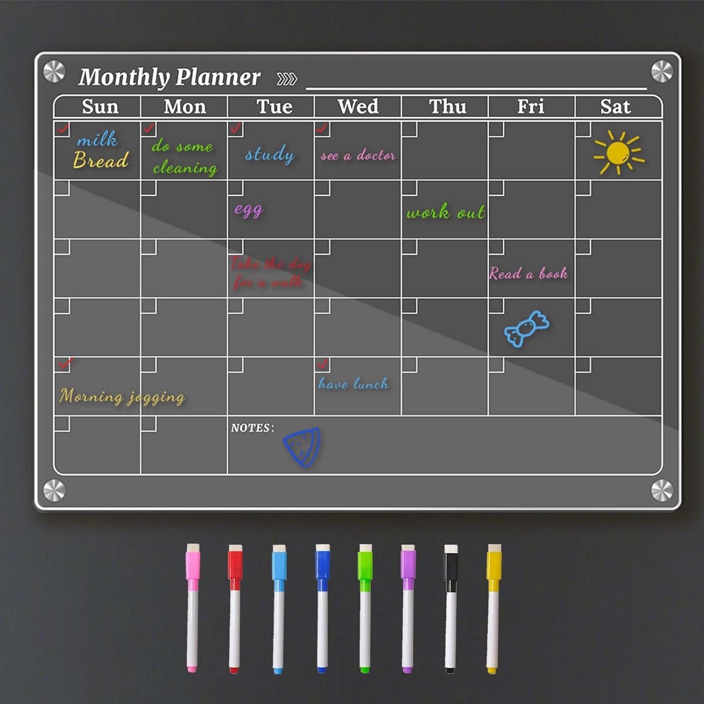 4Pcs Fridge Calendar Set, Clear Magnetic Dry Erase Daily, Weekly, Monthly Planners & Menu Board, w/ 2 Packs of 8 Markers