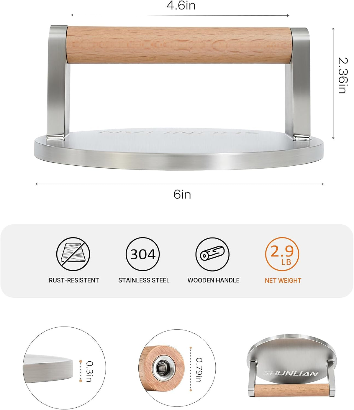 3.1lb Smash Burger Press 6" Stainless Steel Burger Smasher Tool
