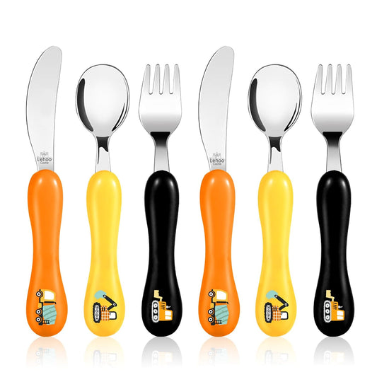 Lehoo Castle 6 Pieces Toddler Utensils, Kids Silverware for 2 3 4 Years Old, Stainless Steel Fork and Spoon Set with Plastic Handle, Safe Toddler Cutlery (Dinosaur)