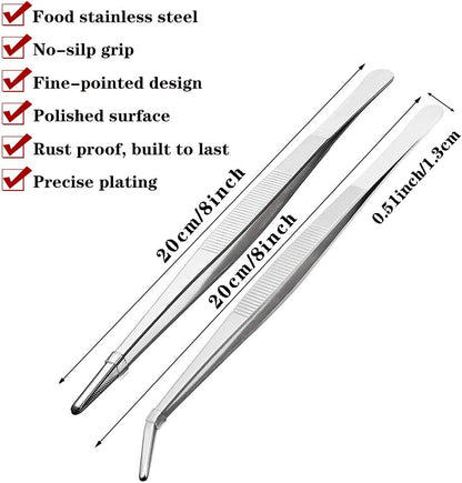 Kitchen Tweezers Stainless Steel 8 Inch Long Tweezers Tongs, Heavy Duty large food tweezers with Precision Serrated Tips for Cooking(8" Straight+Curved)