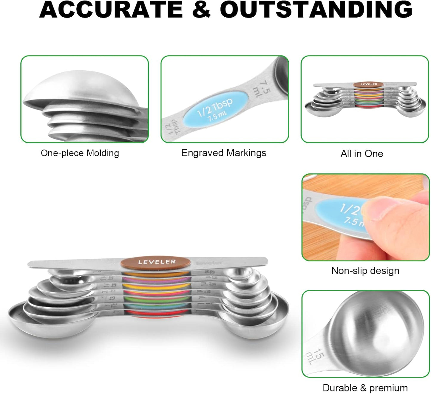 EDELIN Measuring Cups and Magnetic Measuring Spoons Set, Stainless Steel 5 Cups and 7 Spoons (Black)