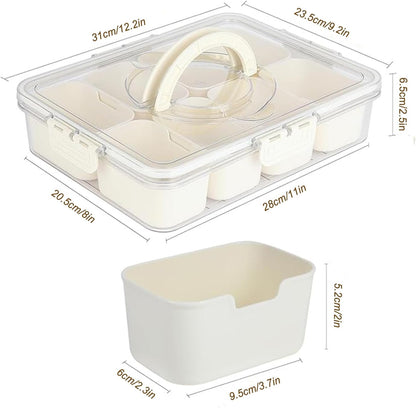Snackle Box Container, Divided Serving Tray with Lid and Handle, Portable Snack Containers, 8 Compartment Snack Box Container, Transparent Storage Box for Fruits, Vegetables, Candies