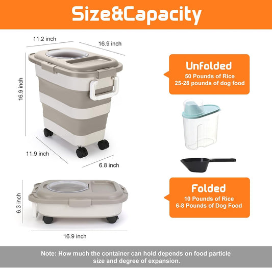 Beyoung 25-28lbs Airtight Dog Food Storage Containers with Wheels and Lids, Collapsible Pet Food Storage Bins with Handle, 50lb Rice Storage Bucket with Scoop, Dry Food Storage Bins (Khaki)