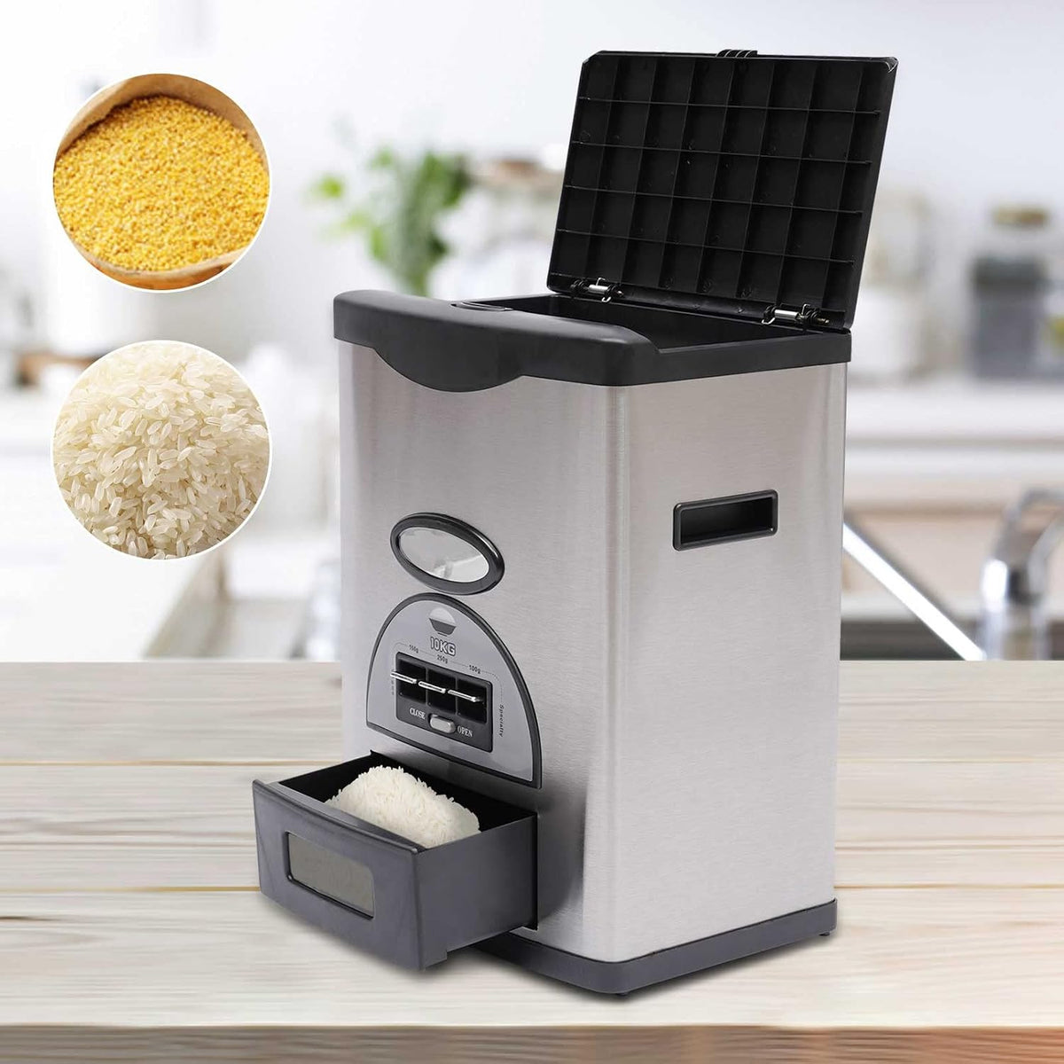 Auto Rice Dispenser Container, Stainless Steel Rice Dispenser, 15kg/33lb Large Capacity Automatic Rice Storage Container Kitchen Rice Dispenser Countertop, Silver