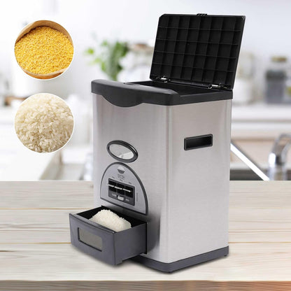 Auto Rice Dispenser Container, Stainless Steel Rice Dispenser, 15kg/33lb Large Capacity Automatic Rice Storage Container Kitchen Rice Dispenser Countertop, Silver