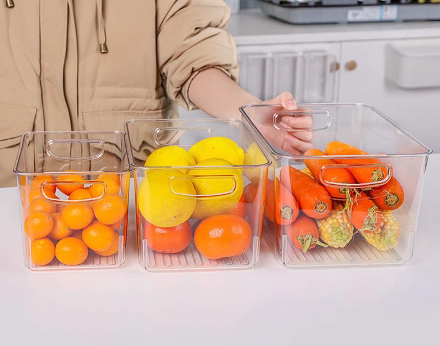 Xicennego Refrigerator Organizer Bins Set of 3, Clear Plastic Storage Bins for Pantry, Fridge Organizer Set , Storage Organizer Bins for Fridge, Freezer, Kitchen Cabinet, Pantry