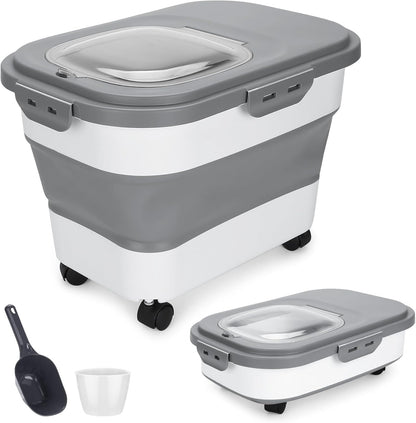 Dog Food Container, Collapsible Pet Food Storage Container 17-20 lb with Rolling Wheels & Airtight Lid, Plastic Storage Bin With Dog Food Scoop and Measuaring Cups