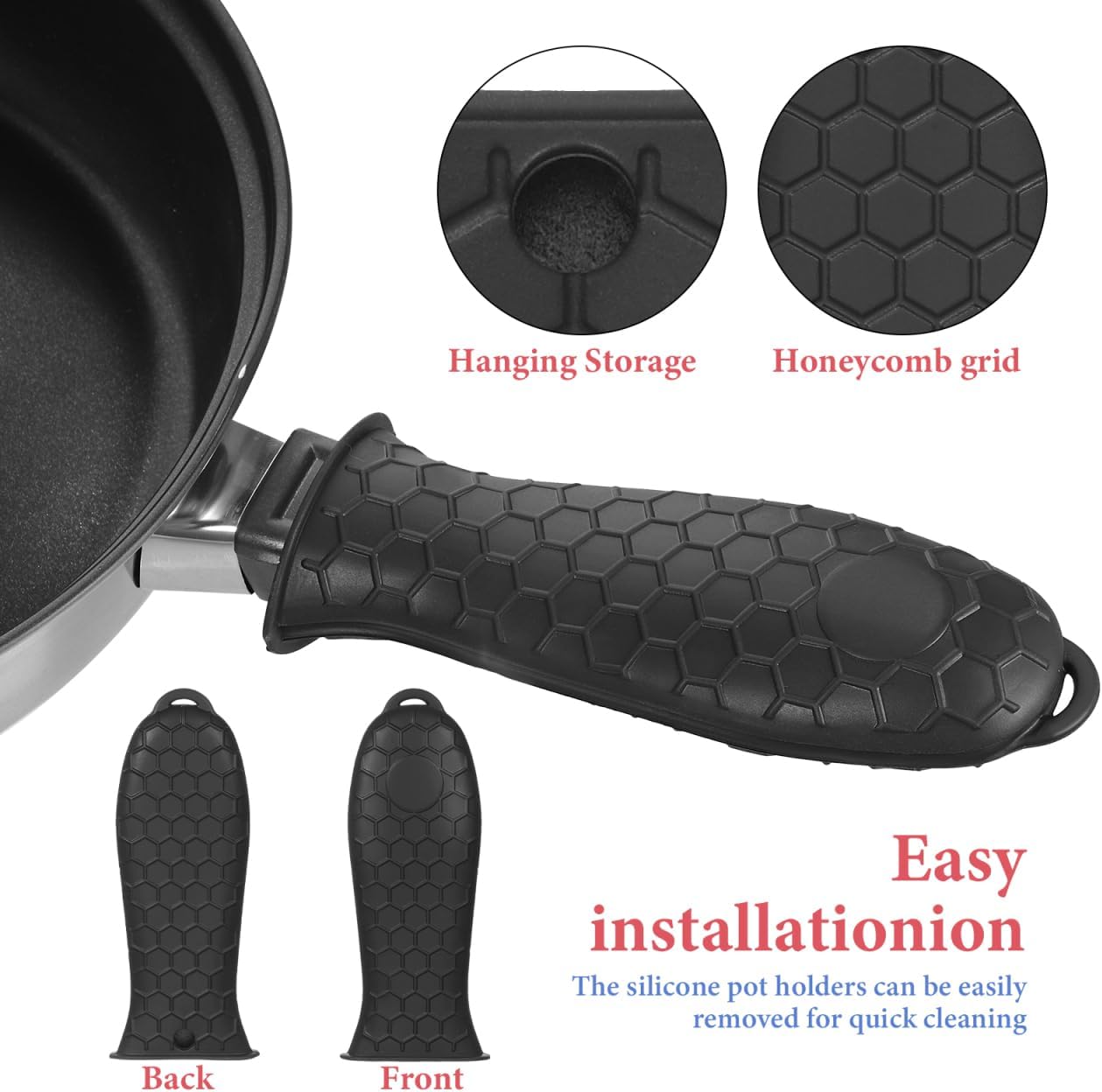 OUNONA Silicone Pot Handle Grips Set - Heat Resistant Non-Slip Covers for Cast Iron Skillets and Cookware Handles with Honeycomb Texture - Easy to Install and Clean Fits Various Pots and Pans