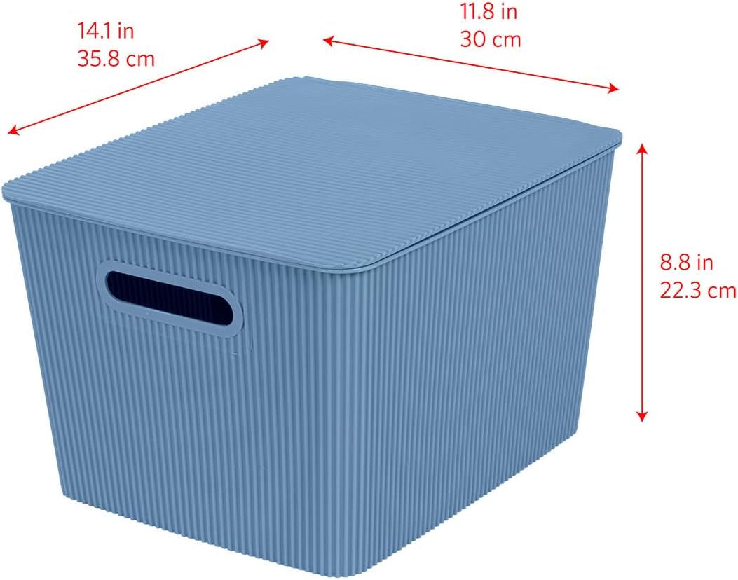 Glad Storage Baskets with Lids - Set of 4 Stackable Plastic Boxes with Handles - Decorative Shelf Organizer Bins for Bathroom and Closet, Blue, 3.1 Gallons