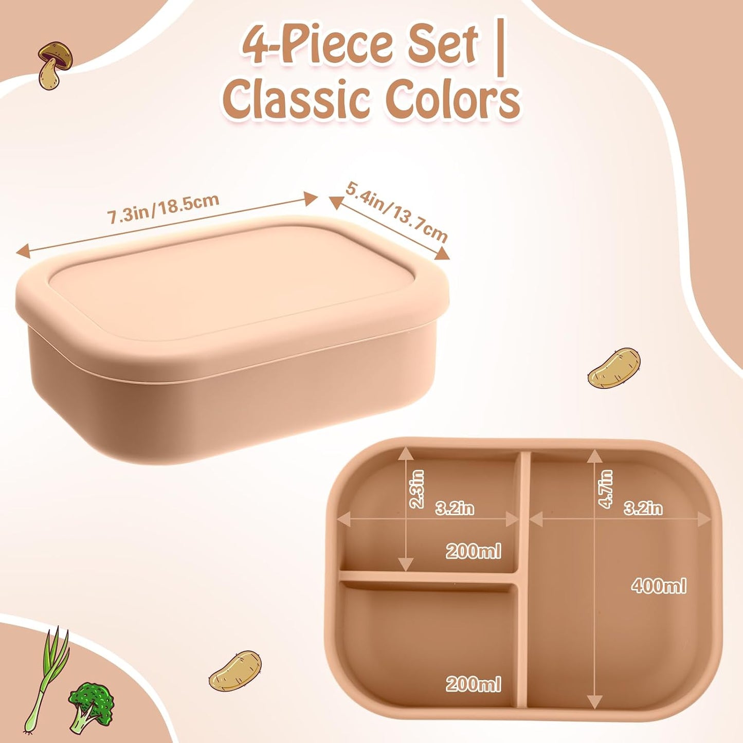 Honeydak 6 Pcs Silicone Bento Box Reusable Silicone Bento Lunch Container for Adults Microwave Dishwasher Freezer Safe 3 Compartment (Light Colors)