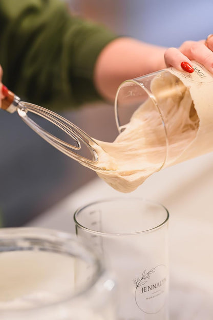 Sourdough Starter Jar Whisk - Easily Mix Thick Starter Dough; Rounded Edges and Tip Scrapes Side and Bottom of Jar Clean; Essential Sourdough Whisking Tool; Teak Wood and Stainless Steel Hand Whisk