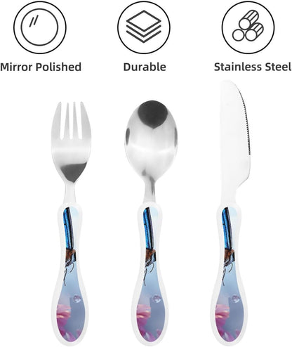 3-Piece Kids Silverware Set With Storage Case, Stainless Steel Reusable Children Safe Knife Spoon Fork Set Black And White Grid Children Flatware Set For Kids Lunch Box