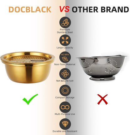DOCBLACK Colander, 3Pcs Stainless Steel Kitchen Tool 3 in 1 Drain Basket Fruit and Vegetable Cutter Strainer Bowl Set Drain Pot Basket Grater for Fruits Vegetables Rice Washing Mixing - Gold