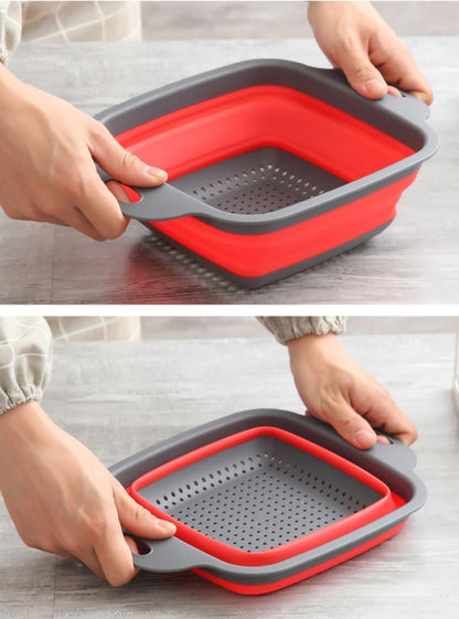 NIWWIN Pack of 2 Foldable Pasta Strainers, Foldable Kitchen Colander for Draining Fruit, Kitchen Silicone Adjustable Filter Vegetables Fruit Baskets,Portable Sink Washing Up Bowl (Red)