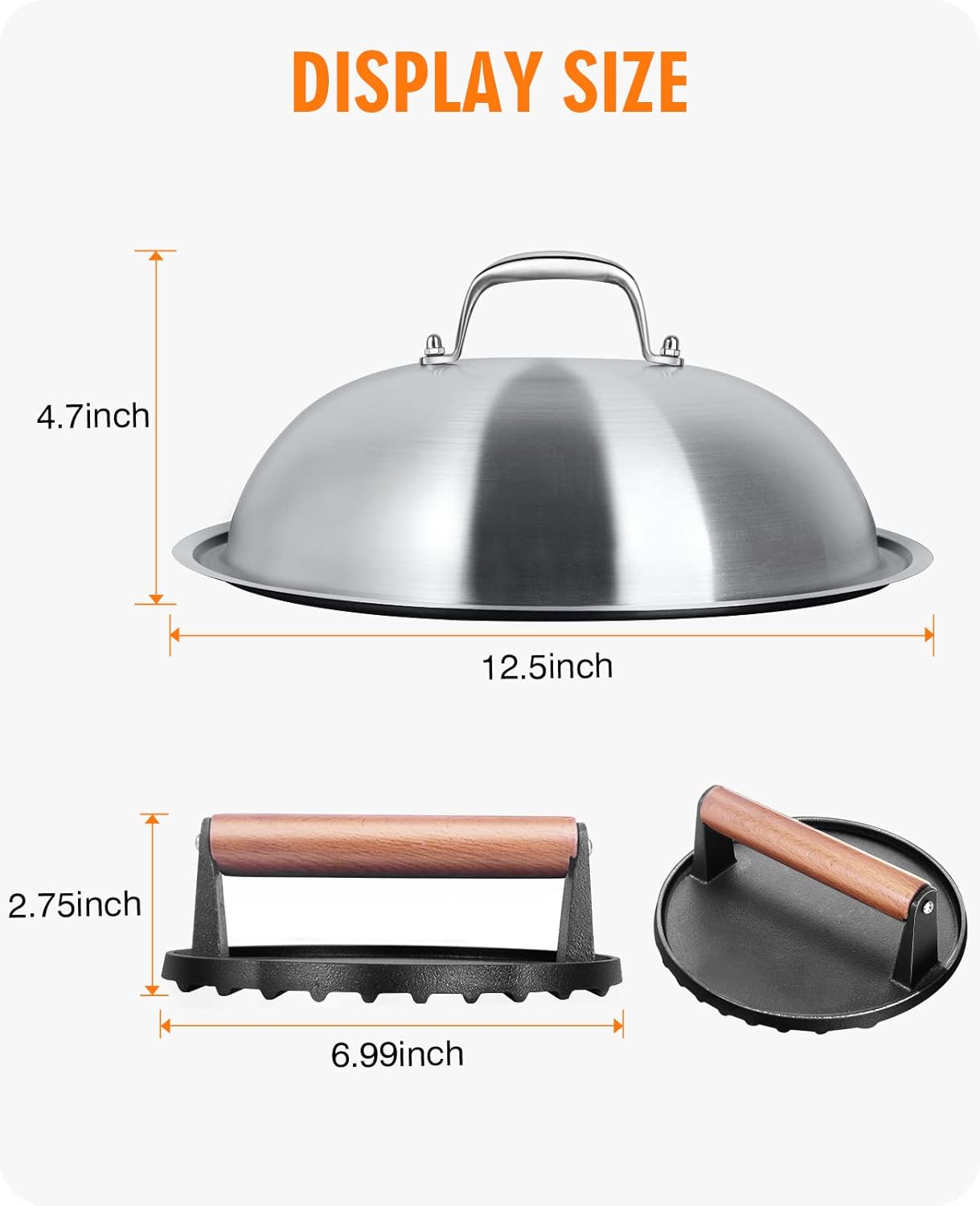 HOMENOTE Griddle Accessories for Blackstone, Commercial Grade 12 Inch Heavy Duty Melting Dome with Round Cast Iron Smash Burger Press Perfect for Flat Top Hibachi Grill Outdoor Indoor