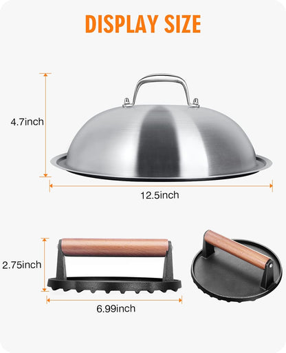 HOMENOTE Griddle Accessories for Blackstone, Commercial Grade 12 Inch Heavy Duty Melting Dome with Round Cast Iron Smash Burger Press Perfect for Flat Top Hibachi Grill Outdoor Indoor